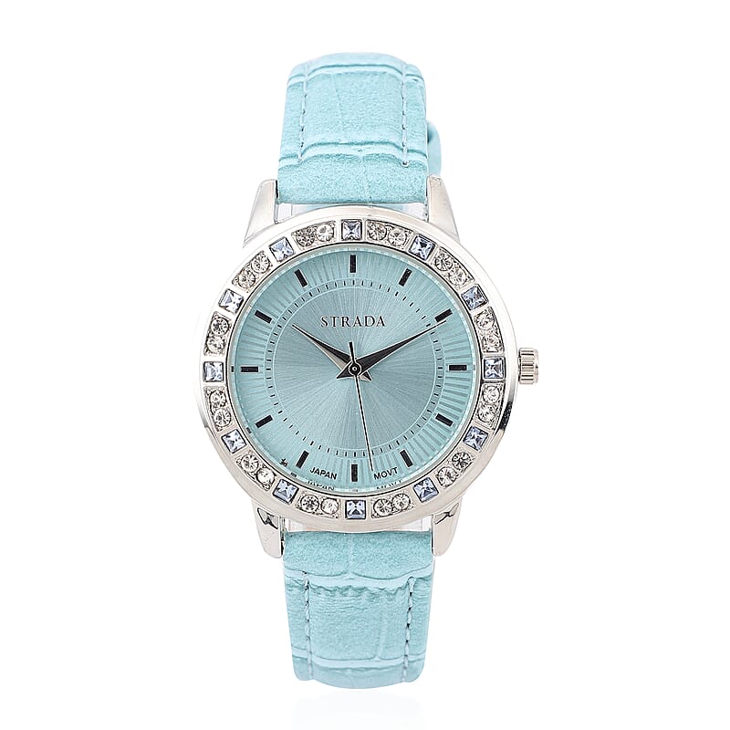 Strada Blue and White Austrian Crystal Japanese Movement Watch with Blue Vegan Leather Strap