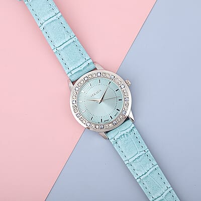 Strada Blue and White Austrian Crystal Japanese Movement Watch with Blue Vegan Leather Strap