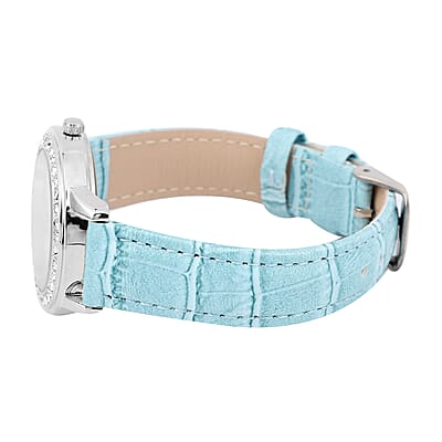 Strada Blue and White Austrian Crystal Japanese Movement Watch with Blue Vegan Leather Strap