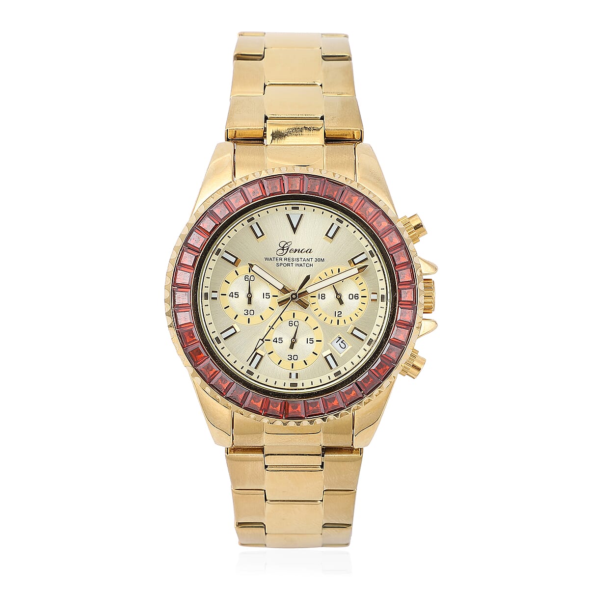 Lustro Stella Genoa Finest Red CZ Multi-Function Quartz Movement Watch in ION Plated YG and Stainless Steel (43mm) 6.50 ctw image number 0