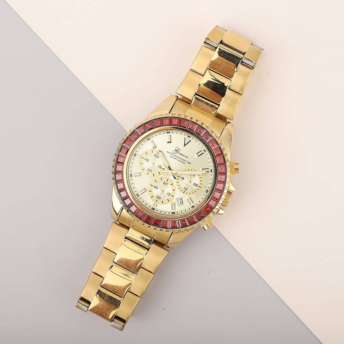 Lustro Stella Genoa Finest Red CZ Multi-Function Quartz Movement Watch in ION Plated YG and Stainless Steel (43mm) 6.50 ctw image number 1