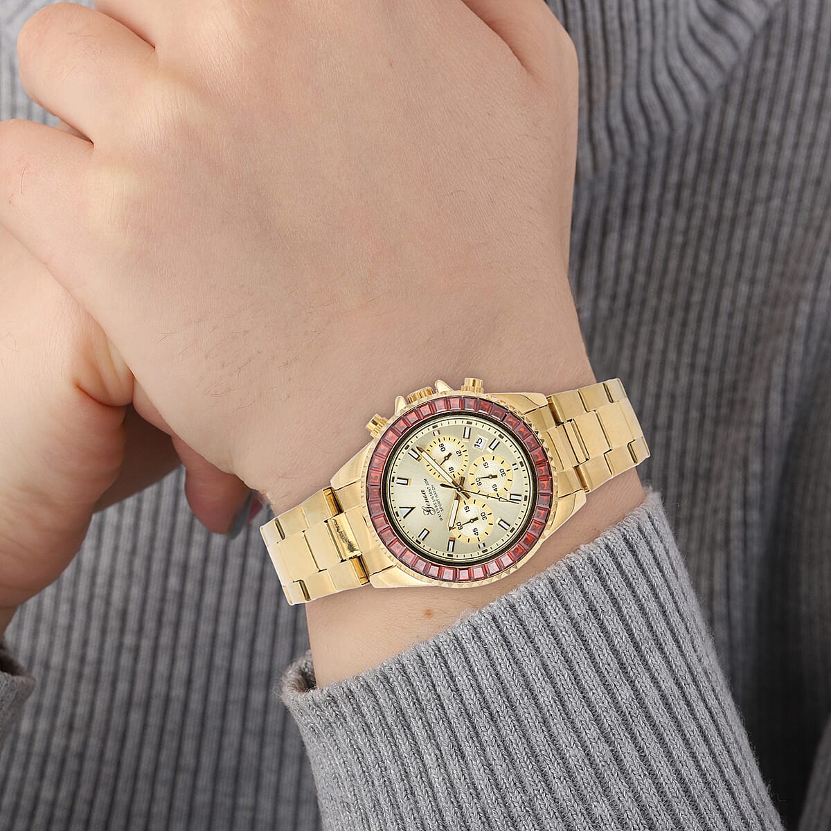 Lustro Stella Genoa Finest Red CZ Multi-Function Quartz Movement Watch in ION Plated YG and Stainless Steel (43mm) 6.50 ctw image number 2