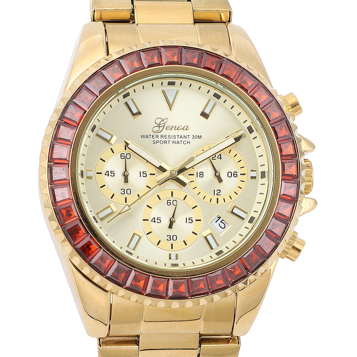 Lustro Stella Genoa Finest Red CZ Multi-Function Quartz Movement Watch in ION Plated YG and Stainless Steel (43mm) 6.50 ctw image number 3