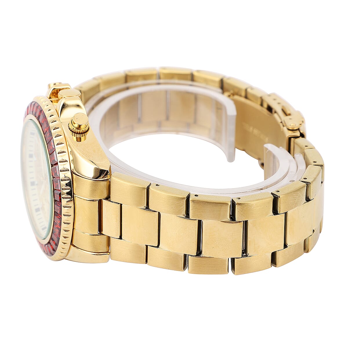 Lustro Stella Genoa Finest Red CZ Multi-Function Quartz Movement Watch in ION Plated YG and Stainless Steel (43mm) 6.50 ctw image number 4