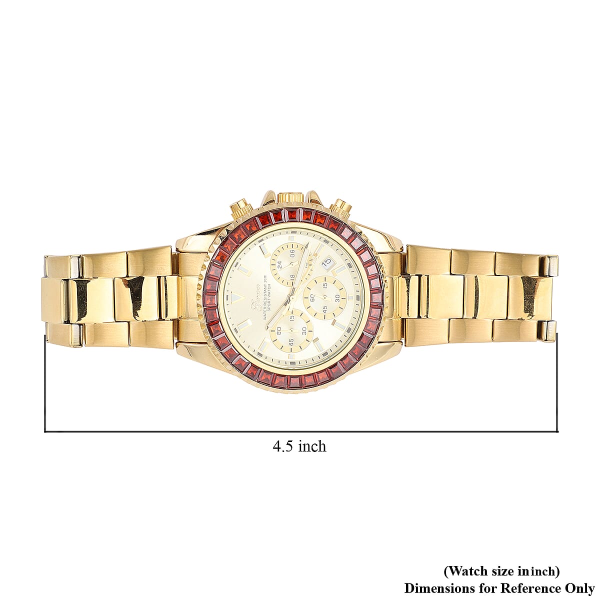 Lustro Stella Genoa Finest Red CZ Multi-Function Quartz Movement Watch in ION Plated YG and Stainless Steel (43mm) 6.50 ctw image number 6