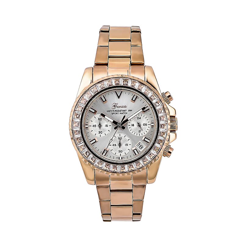 Genoa Finest CZ Multi-Function Movement Watch, ION Plated Rose Gold Stainless Steel Watch, Formal Bracelet Watch, Best Everyday Luxury Minimal Women's Watch, Analogue Watches 38mm 5.75 ctw