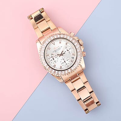 Genoa Finest CZ Multi-Function Movement Watch, ION Plated Rose Gold Stainless Steel Watch, Formal Bracelet Watch, Best Everyday Luxury Minimal Women's Watch, Analogue Watches 38mm 5.75 ctw