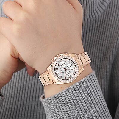Genoa Finest CZ Multi-Function Movement Watch, ION Plated Rose Gold Stainless Steel Watch, Formal Bracelet Watch, Best Everyday Luxury Minimal Women's Watch, Analogue Watches 38mm 5.75 ctw