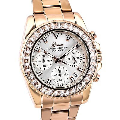 Genoa Finest CZ Multi-Function Movement Watch, ION Plated Rose Gold Stainless Steel Watch, Formal Bracelet Watch, Best Everyday Luxury Minimal Women's Watch, Analogue Watches 38mm 5.75 ctw