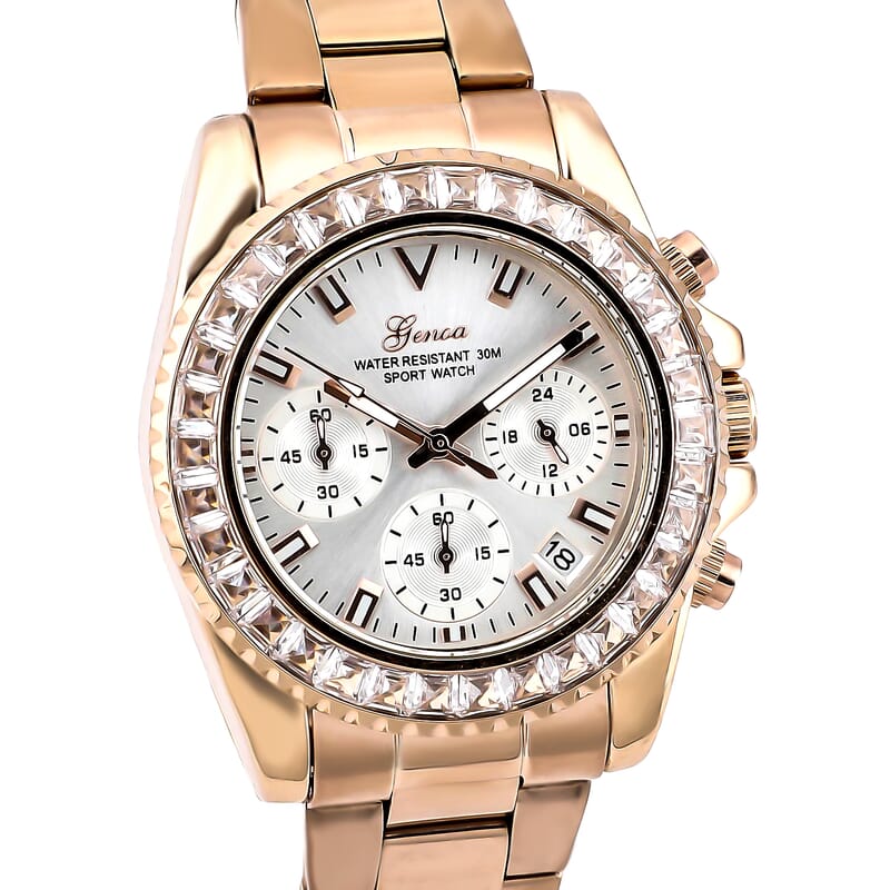 Genoa Finest CZ Multi-Function Movement Watch, ION Plated Rose Gold Stainless Steel Watch, Formal Bracelet Watch, Best Everyday Luxury Minimal Women's Watch, Analogue Watches 38mm 5.75 ctw