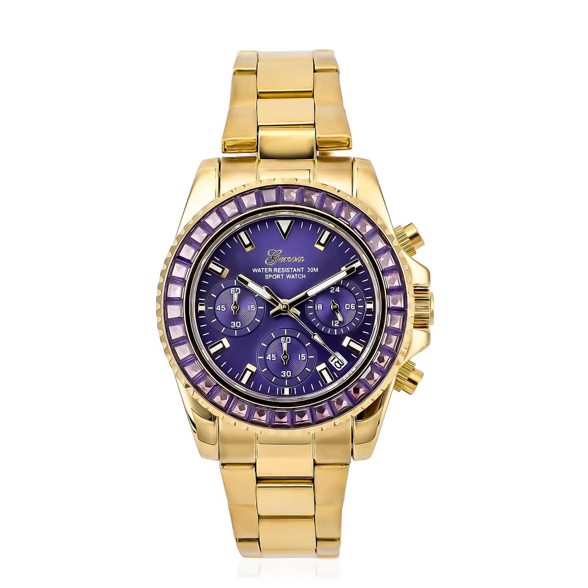 Genoa Finest Purple CZ Multi-Function Movement Watch, ION Plated Yellow Gold Stainless Steel Watch, Formal Bracelet Watch, Best Everyday Luxury Minimal Women's Watch, Analogue Watches 38mm 5.75 ctw image number 0