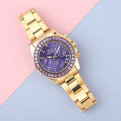 Genoa Finest Purple CZ 5.75 ctw Multi-Function Movement Watch, ION Plated Yellow Gold Stainless Steel Watch, Formal Bracelet Watch, Best Everyday Luxury Minimal Women's Watch, Analogue Watches 38mm