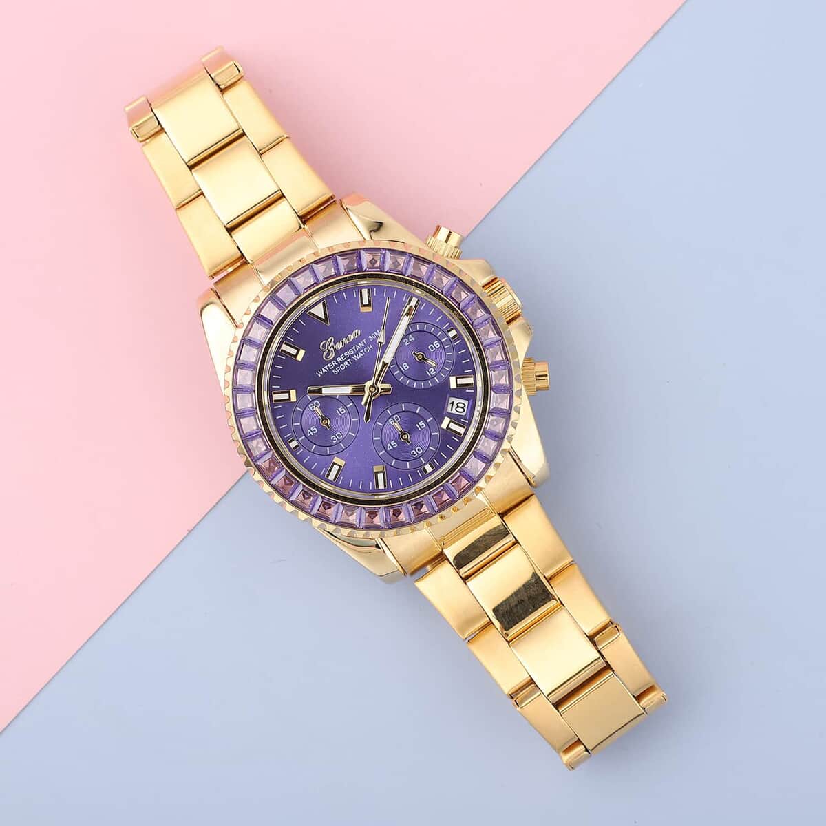 Genoa Finest Purple CZ Multi-Function Movement Watch, ION Plated Yellow Gold Stainless Steel Watch, Formal Bracelet Watch, Best Everyday Luxury Minimal Women's Watch, Analogue Watches 38mm 5.75 ctw image number 1