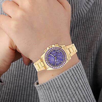 Genoa Finest Purple CZ 5.75 ctw Multi-Function Movement Watch, ION Plated Yellow Gold Stainless Steel Watch, Formal Bracelet Watch, Best Everyday Luxury Minimal Women's Watch, Analogue Watches 38mm