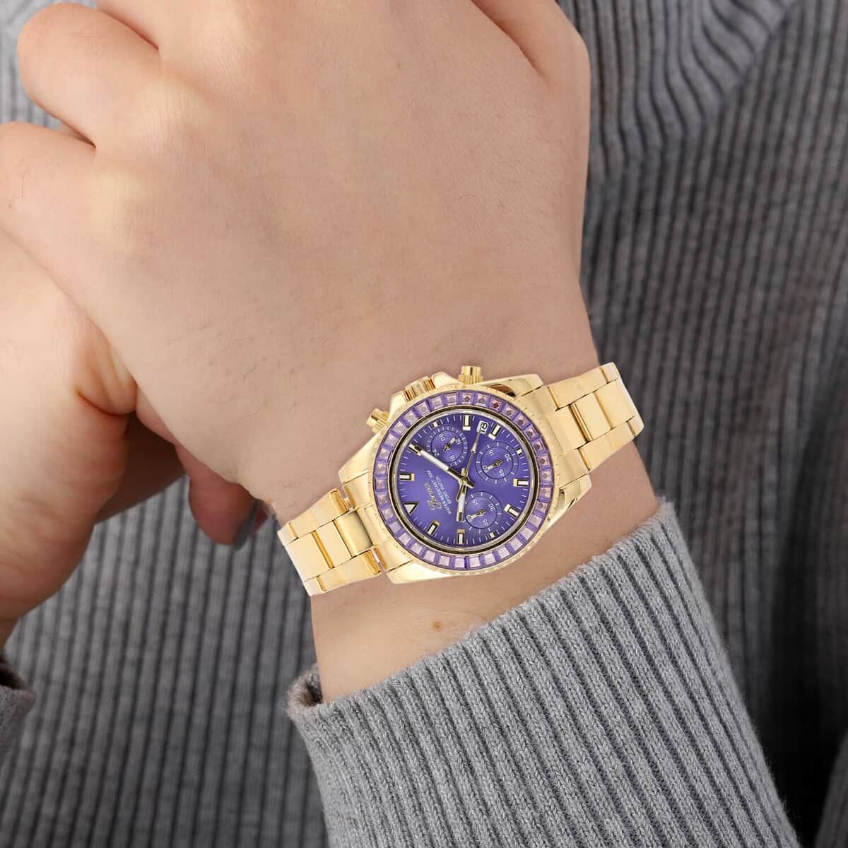 Genoa Finest Purple CZ Multi-Function Movement Watch, ION Plated Yellow Gold Stainless Steel Watch, Formal Bracelet Watch, Best Everyday Luxury Minimal Women's Watch, Analogue Watches 38mm 5.75 ctw image number 2
