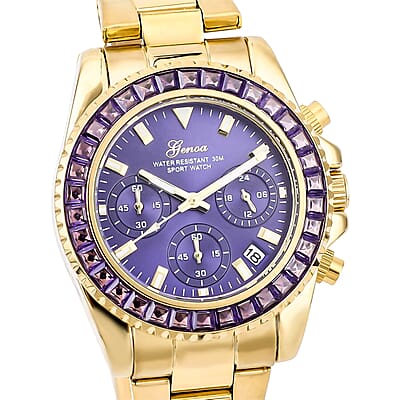 Genoa Finest Purple CZ 5.75 ctw Multi-Function Movement Watch, ION Plated Yellow Gold Stainless Steel Watch, Formal Bracelet Watch, Best Everyday Luxury Minimal Women's Watch, Analogue Watches 38mm