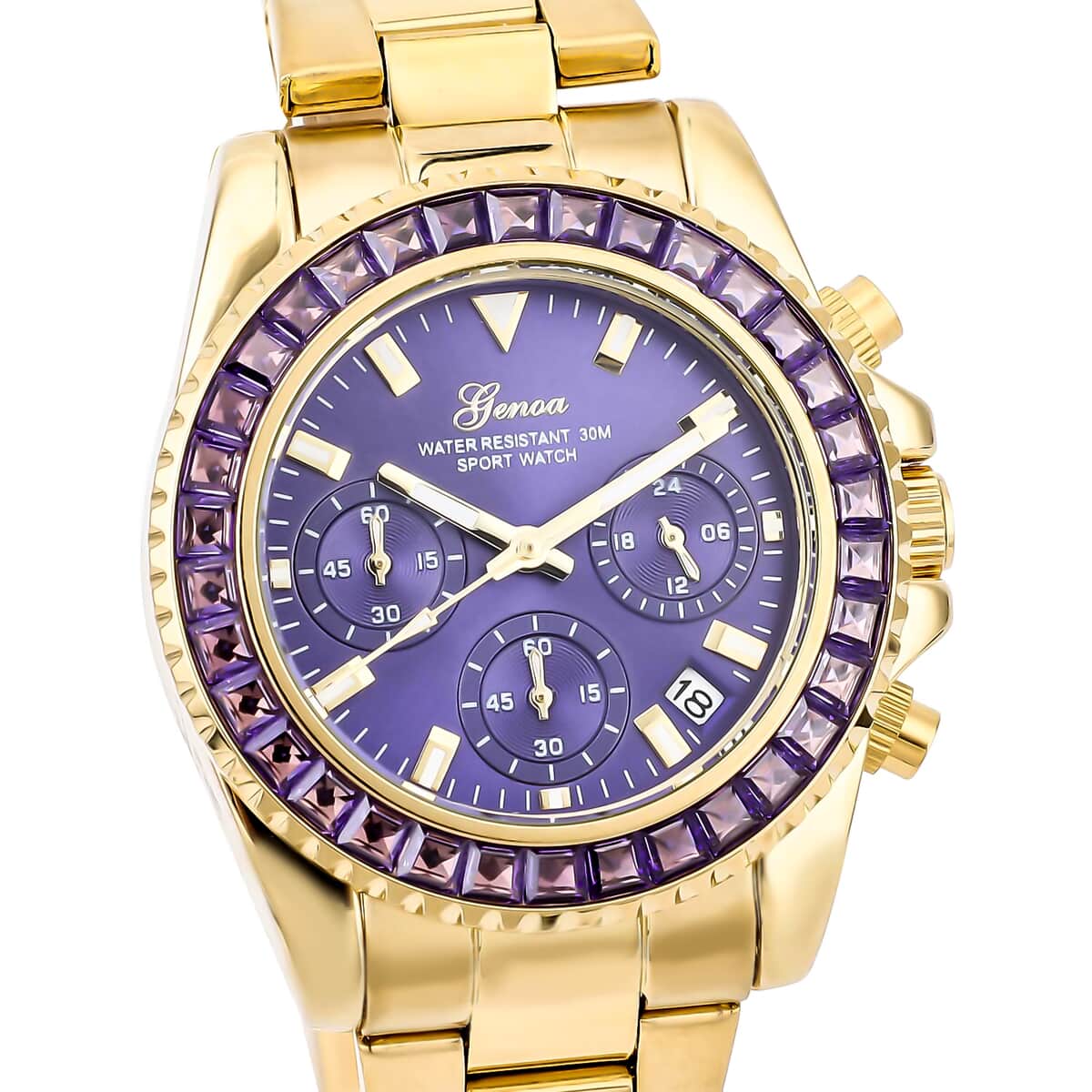 Genoa Finest Purple CZ Multi-Function Movement Watch, ION Plated Yellow Gold Stainless Steel Watch, Formal Bracelet Watch, Best Everyday Luxury Minimal Women's Watch, Analogue Watches 38mm 5.75 ctw image number 3