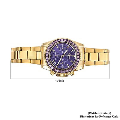 Genoa Finest Purple CZ 5.75 ctw Multi-Function Movement Watch, ION Plated Yellow Gold Stainless Steel Watch, Formal Bracelet Watch, Best Everyday Luxury Minimal Women's Watch, Analogue Watches 38mm