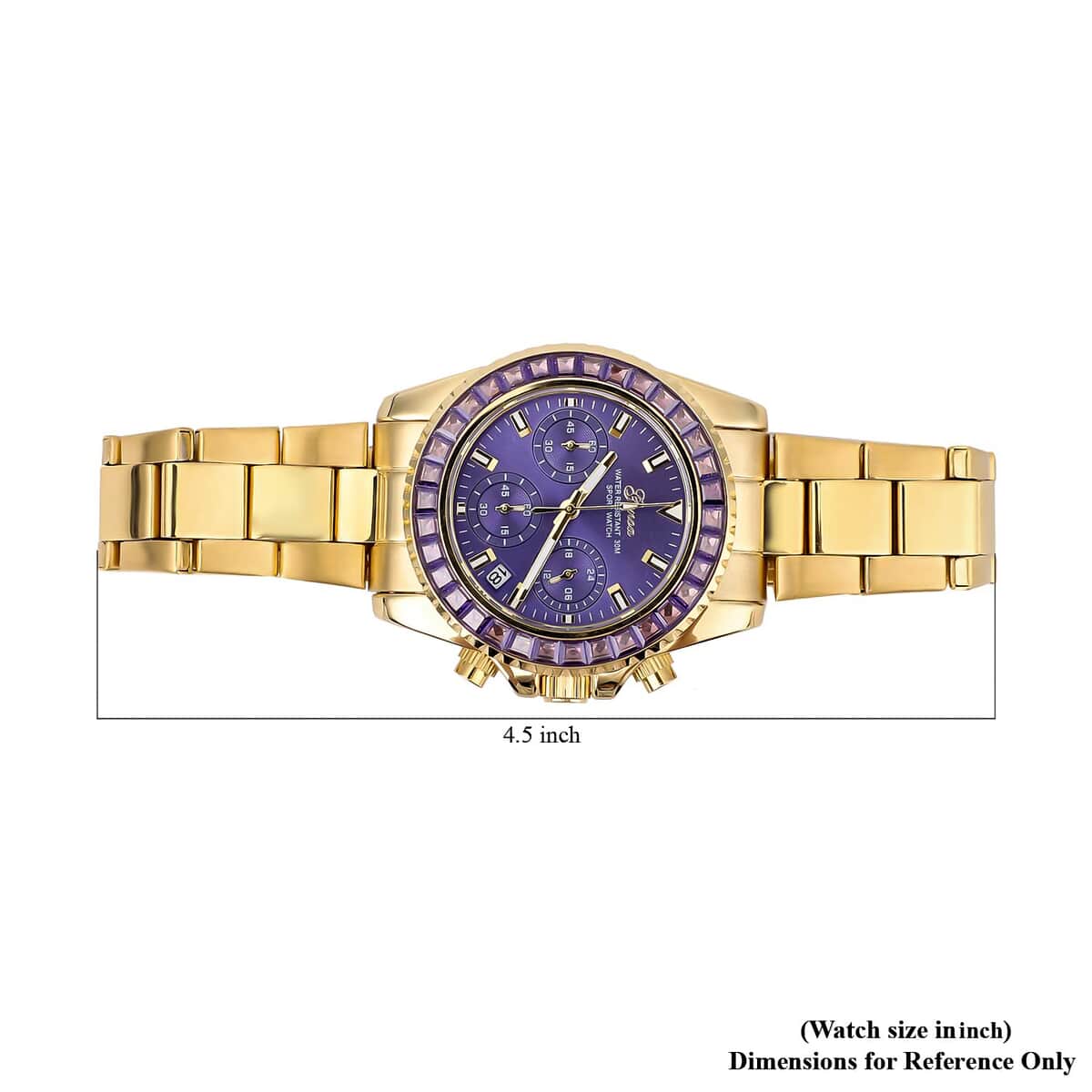 Genoa Finest Purple CZ Multi-Function Movement Watch, ION Plated Yellow Gold Stainless Steel Watch, Formal Bracelet Watch, Best Everyday Luxury Minimal Women's Watch, Analogue Watches 38mm 5.75 ctw image number 6
