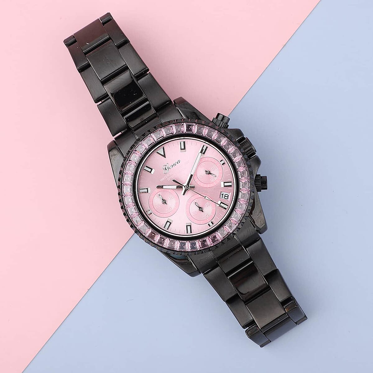 Genoa Finest Pink CZ Multi-Function Movement Watch, ION Plated Black Stainless Steel Watch, Formal Bracelet Watch, Best Everyday Luxury Minimal Women's Watch, Analogue Watches 38mm 5.75 ctw image number 1