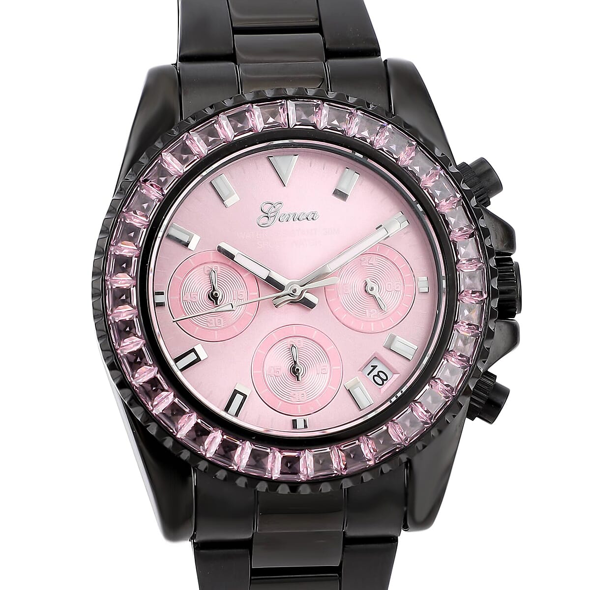 Genoa Finest Pink CZ Multi-Function Movement Watch, ION Plated Black Stainless Steel Watch, Formal Bracelet Watch, Best Everyday Luxury Minimal Women's Watch, Analogue Watches 38mm 5.75 ctw image number 3