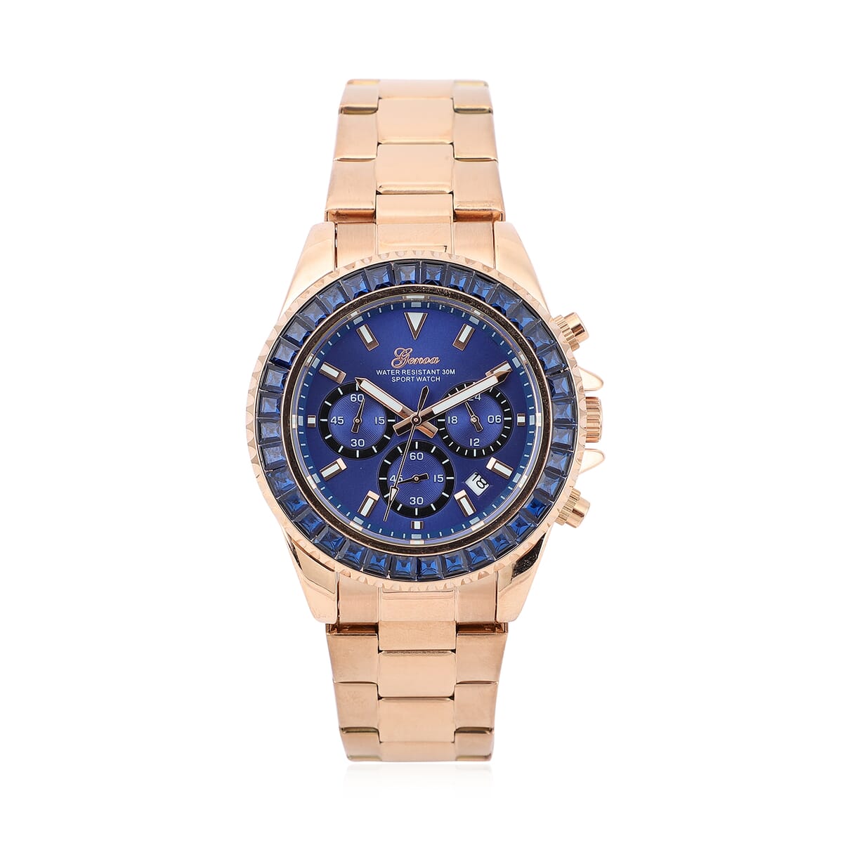 LUSTRO STELLA Genoa Finest Blue CZ Multi-Function Quartz Movement Watch in ION Plated RG and Stainless Steel (43mm) 6.50 ctw image number 0