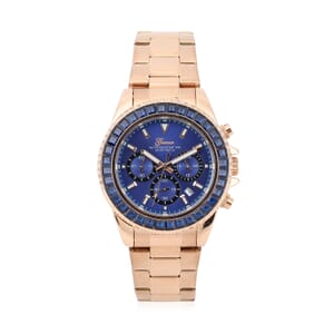 LUSTRO STELLA Genoa Finest Blue CZ Multi-Function Quartz Movement Watch in ION Plated RG and Stainless Steel (43mm) 6.50 ctw