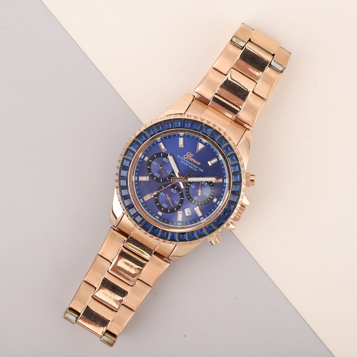 LUSTRO STELLA Genoa Finest Blue CZ Multi-Function Quartz Movement Watch in ION Plated RG and Stainless Steel (43mm) 6.50 ctw image number 1
