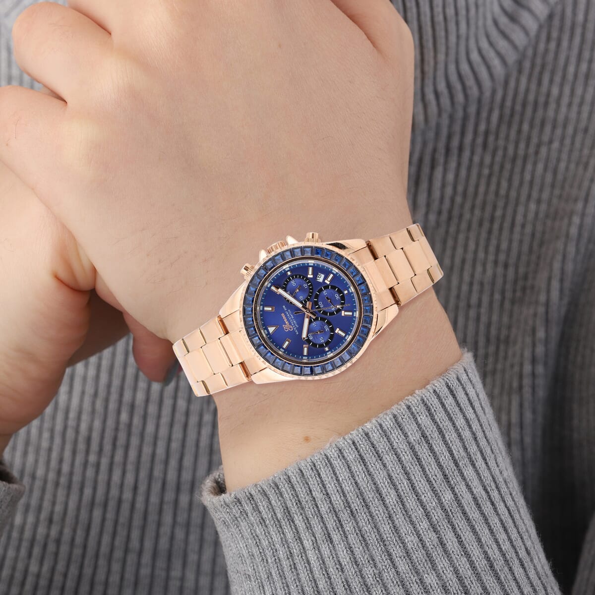 LUSTRO STELLA Genoa Finest Blue CZ Multi-Function Quartz Movement Watch in ION Plated RG and Stainless Steel (43mm) 6.50 ctw image number 2
