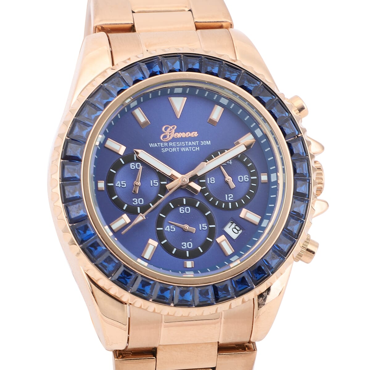 LUSTRO STELLA Genoa Finest Blue CZ Multi-Function Quartz Movement Watch in ION Plated RG and Stainless Steel (43mm) 6.50 ctw image number 3