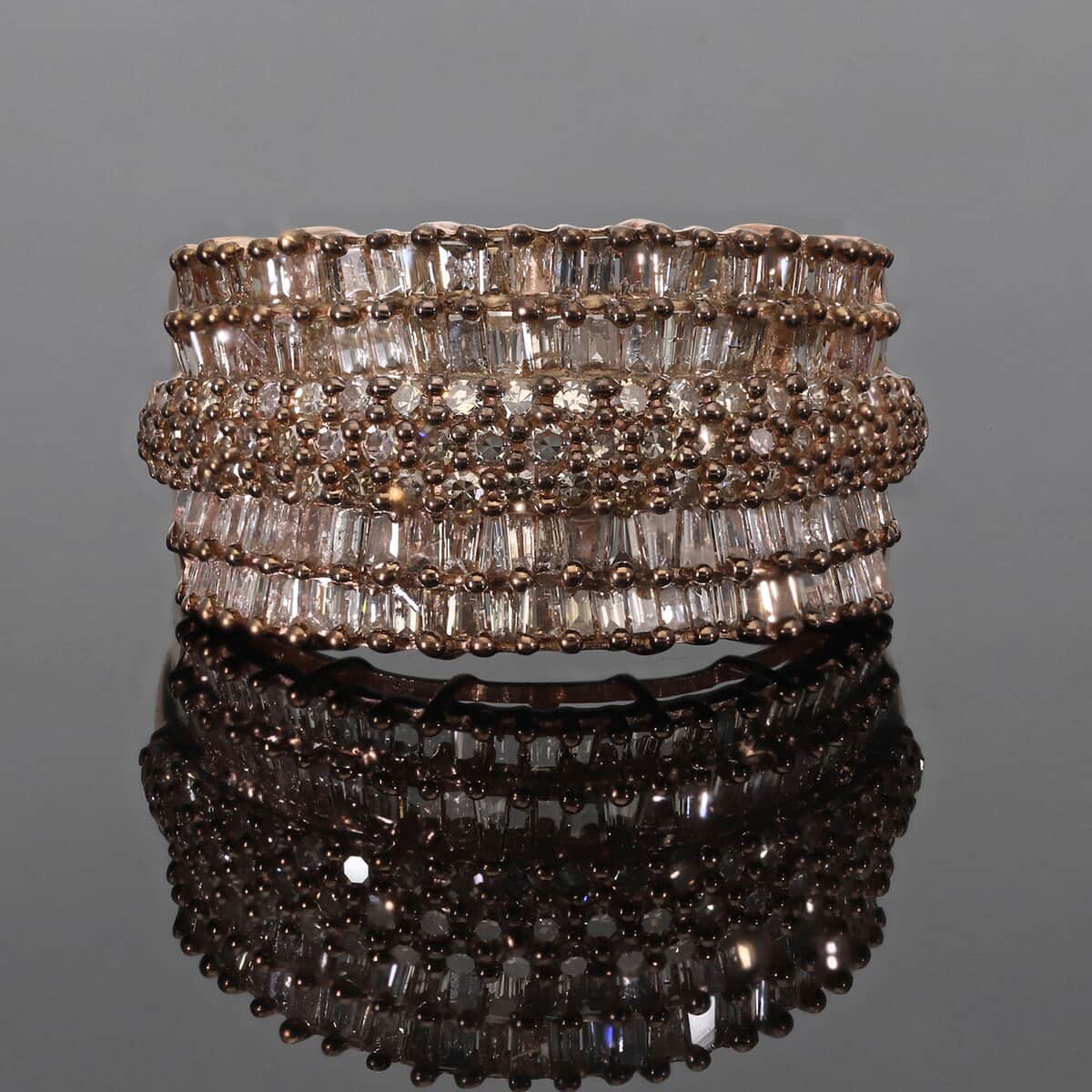Natural Champagne Diamond Multi Row Band Ring in Rhodium and Vermeil Rose Gold Over Sterling Silver (Size 9.0) 2.00 ctw image number 1