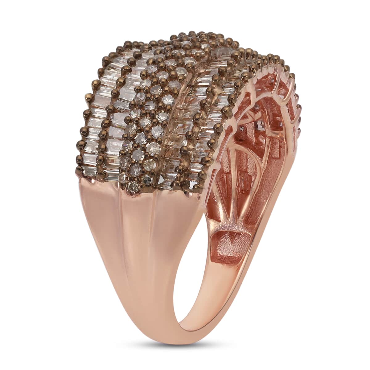 Natural Champagne Diamond Multi Row Band Ring in Rhodium and Vermeil Rose Gold Over Sterling Silver (Size 9.0) 2.00 ctw image number 3