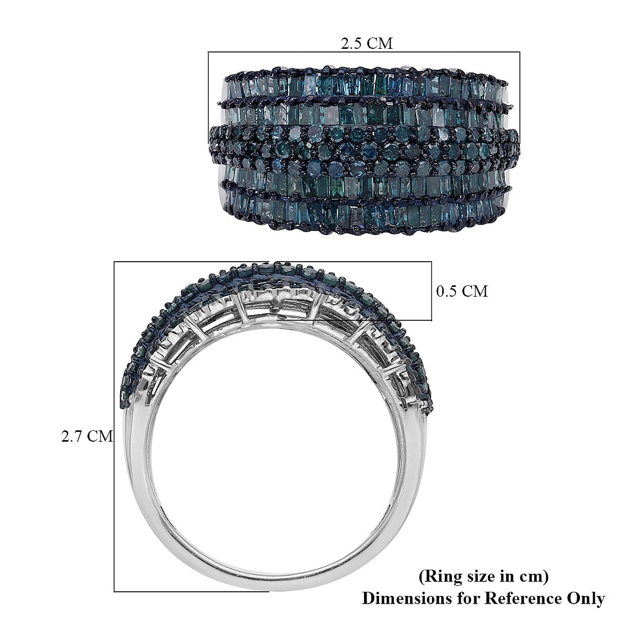 Blue Diamond Multi Row Band Ring in Rhodium and Platinum Over Sterling Silver (Size 10.0) 2.00 ctw image number 5