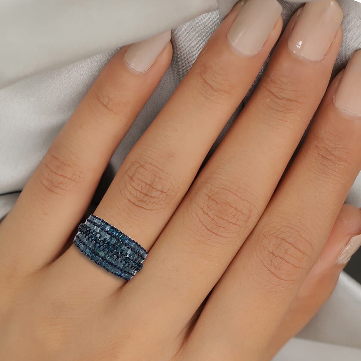 Blue Diamond Multi Row Band Ring in Rhodium and Platinum Over Sterling Silver (Size 7.0) 2.00 ctw image number 2