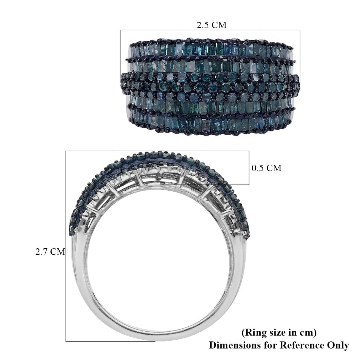 Blue Diamond Multi Row Band Ring in Rhodium and Platinum Over Sterling Silver (Size 7.0) 2.00 ctw image number 5