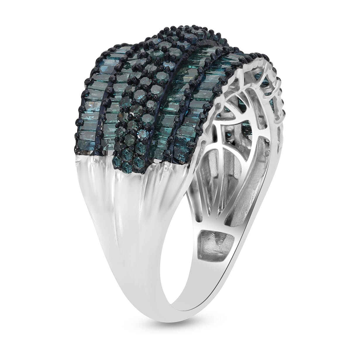 Blue Diamond Multi Row Band Ring in Rhodium and Platinum Over Sterling Silver (Size 8.0) 2.00 ctw image number 3