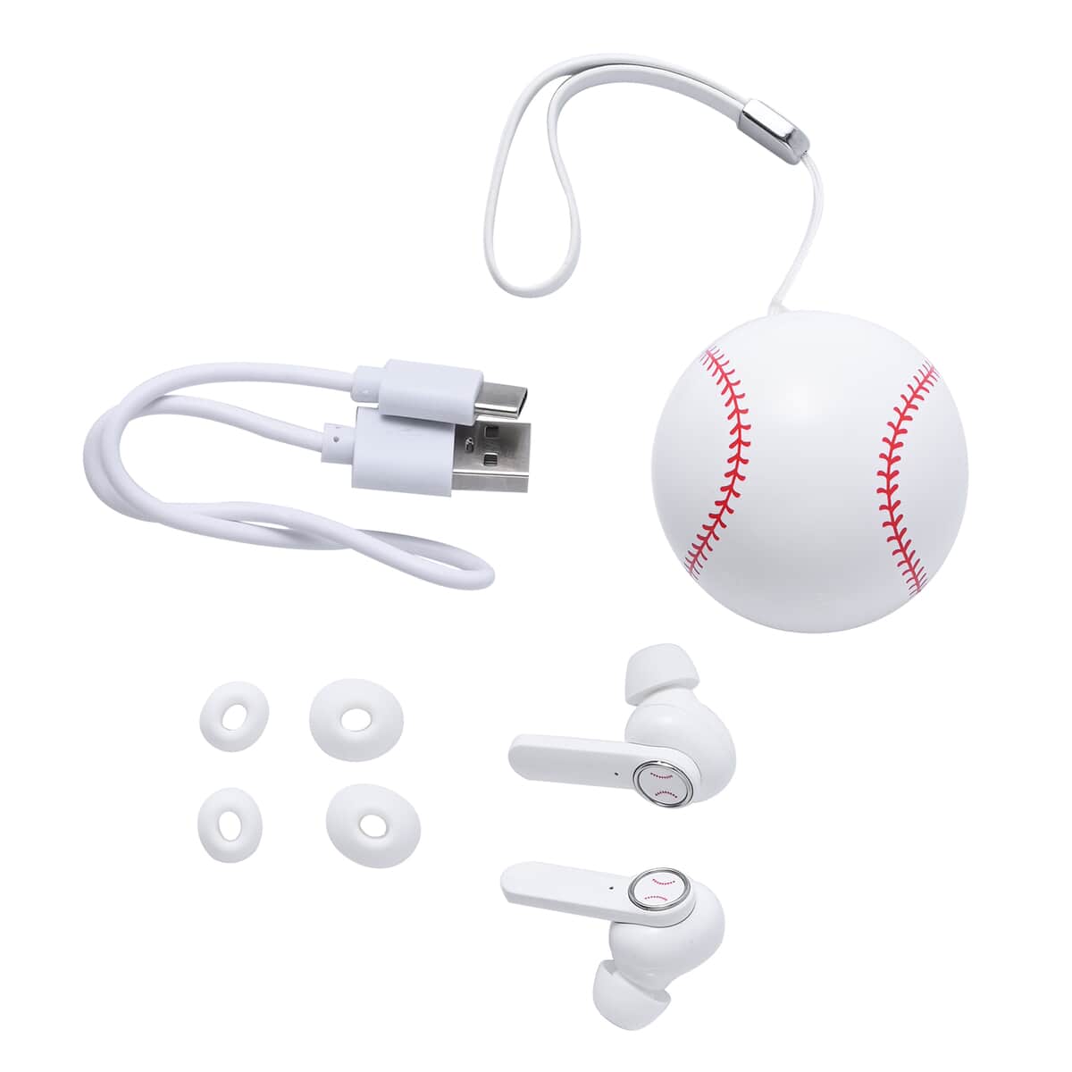 White and Red Bluetooth Wireless Baseball Shape Earbuds with Charging Box image number 0