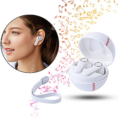 White and Red Bluetooth Wireless Baseball Shape Earbuds with Charging Box