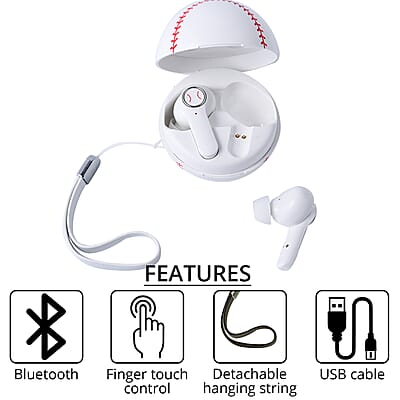 White and Red Bluetooth Wireless Baseball Shape Earbuds with Charging Box