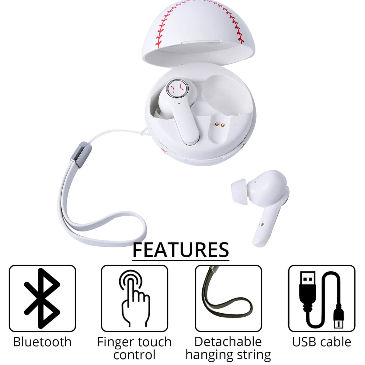 White and Red Bluetooth Wireless Baseball Shape Earbuds with Charging Box image number 2