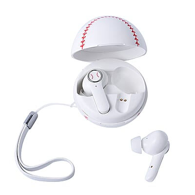White and Red Bluetooth Wireless Baseball Shape Earbuds with Charging Box