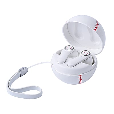 White and Red Bluetooth Wireless Baseball Shape Earbuds with Charging Box