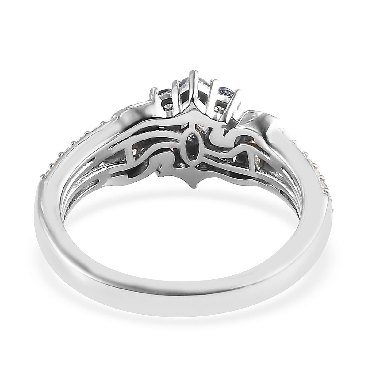 Ceylon Blue Sapphire and Zircon Flower Ring in Platinum Over Sterling Silver (Size 7.0) 0.85 ctw