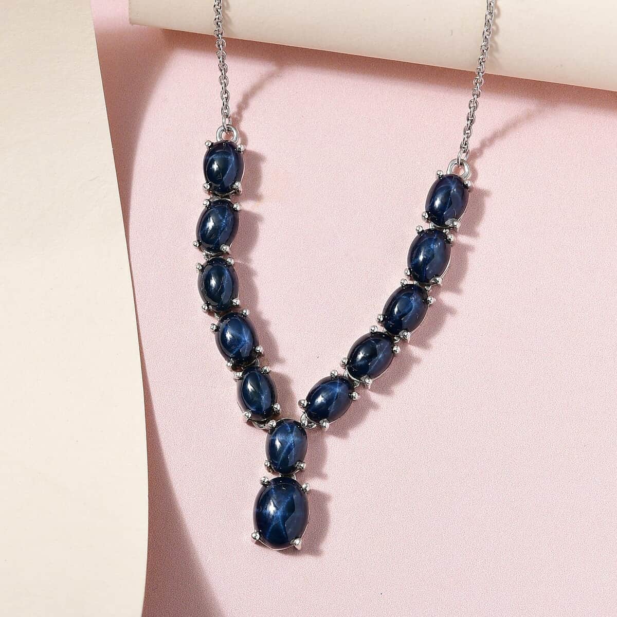 Blue Star Sapphire Necklace, Platinum Sterling Silver Necklace, 18 Inch Necklace 18.15 ctw image number 1