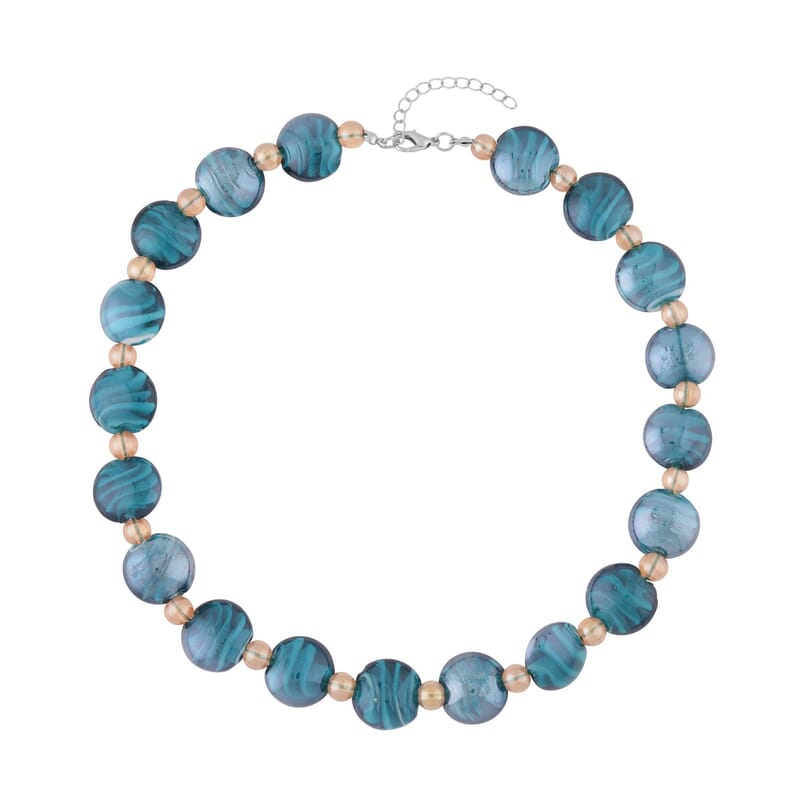 Blue and Champagne Glass Beaded Necklace 20-22 Inches in Silvertone