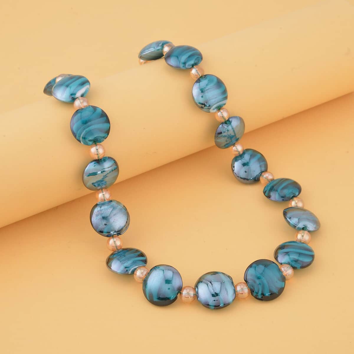 Blue Color Murano Glass and Champagne Glass Beaded Necklace 20-22 Inches in Silvertone image number 1