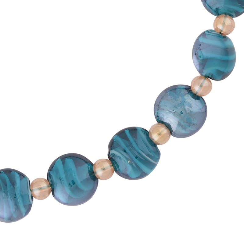 Blue and Champagne Glass Beaded Necklace 20-22 Inches in Silvertone
