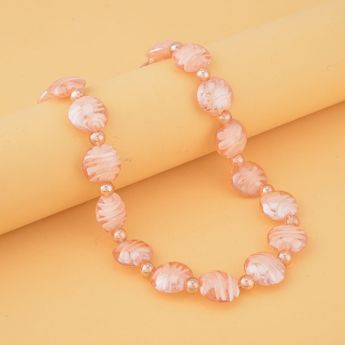 Pink and Champagne Glass Beaded Necklace 20-22 Inches in Silvertone image number 1