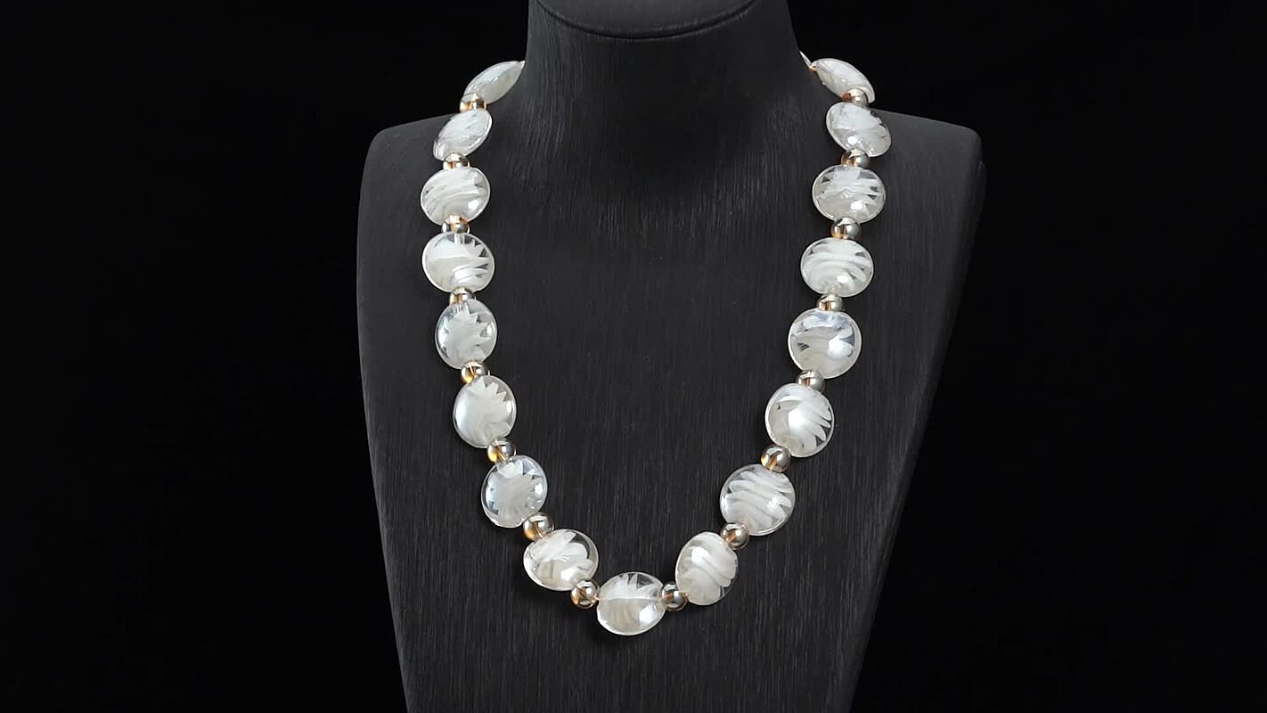 Blue Color Murano Glass and Champagne Glass Beaded Necklace 20-22 Inches in Silvertone