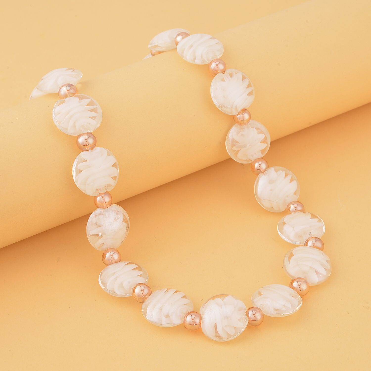 White and Champagne Glass Beaded Necklace 20-22 Inches in Silvertone
